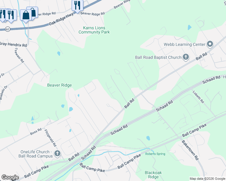 map of restaurants, bars, coffee shops, grocery stores, and more near 6925 Ball Road in Knoxville
