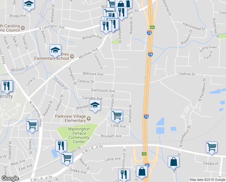 map of restaurants, bars, coffee shops, grocery stores, and more near 698 Gordon Street in High Point