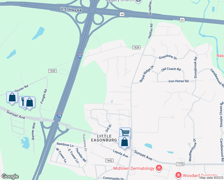 map of restaurants, bars, coffee shops, grocery stores, and more near 4142 Harrison Drive in Rocky Mount