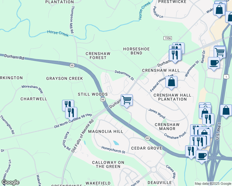 map of restaurants, bars, coffee shops, grocery stores, and more near 1420 Sunset Falls Drive in Wake Forest