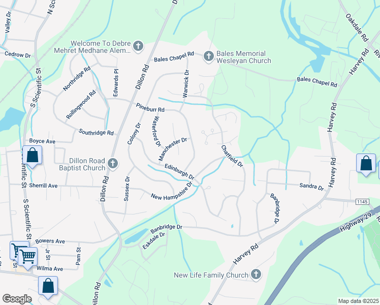 map of restaurants, bars, coffee shops, grocery stores, and more near 1005 Pineburr Road in Jamestown