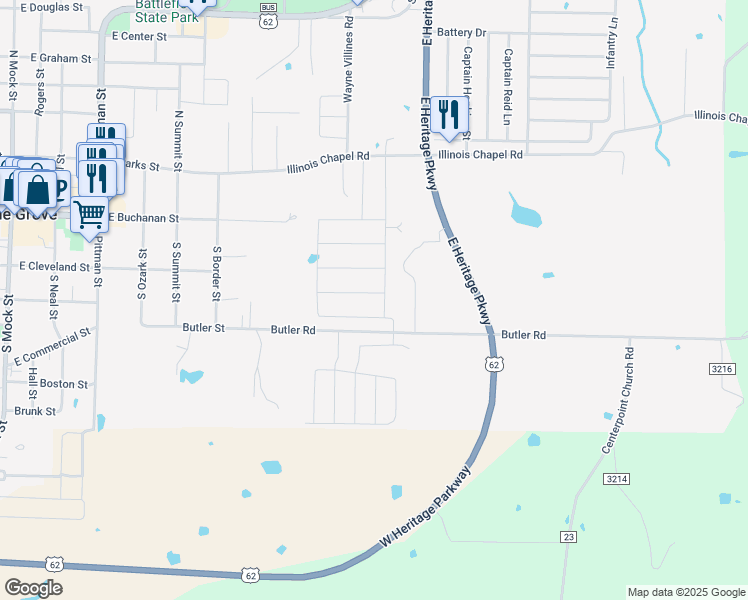map of restaurants, bars, coffee shops, grocery stores, and more near in Prairie Grove
