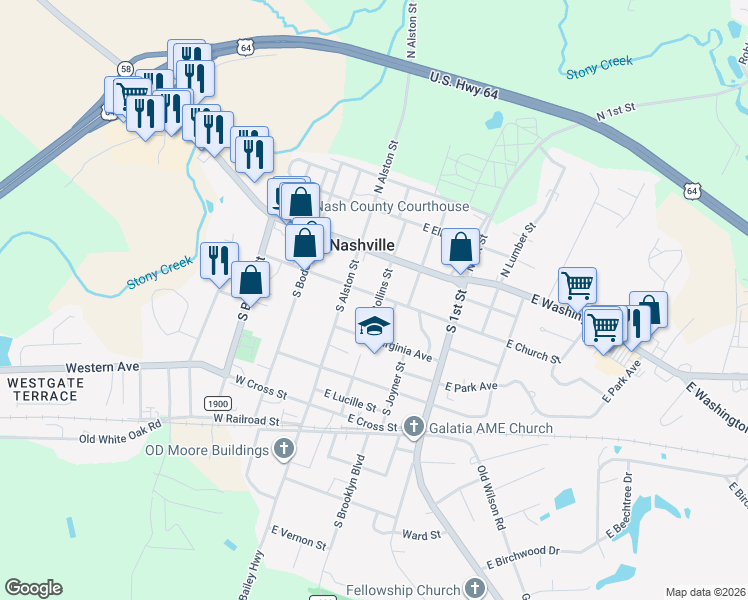 map of restaurants, bars, coffee shops, grocery stores, and more near 106 East Church Street in Nashville