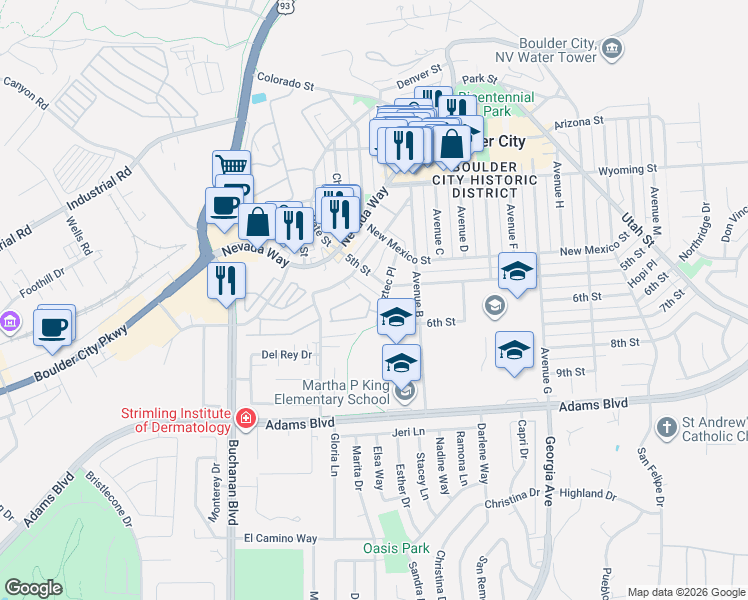 map of restaurants, bars, coffee shops, grocery stores, and more near 1419 5th Street in Boulder City