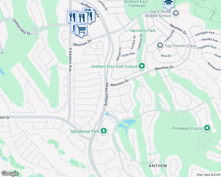 map of restaurants, bars, coffee shops, grocery stores, and more near 43 Fountainhead Circle in Henderson