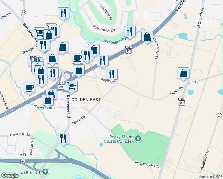 map of restaurants, bars, coffee shops, grocery stores, and more near 1260 Thorpe Road in Rocky Mount
