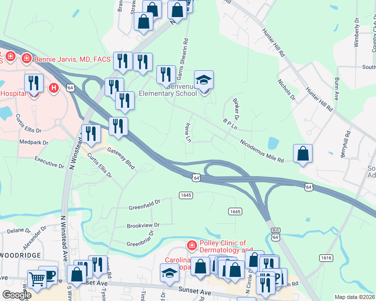 map of restaurants, bars, coffee shops, grocery stores, and more near 145 Irene Court in Rocky Mount