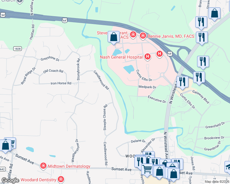 map of restaurants, bars, coffee shops, grocery stores, and more near 169 Candlewood Road in Rocky Mount