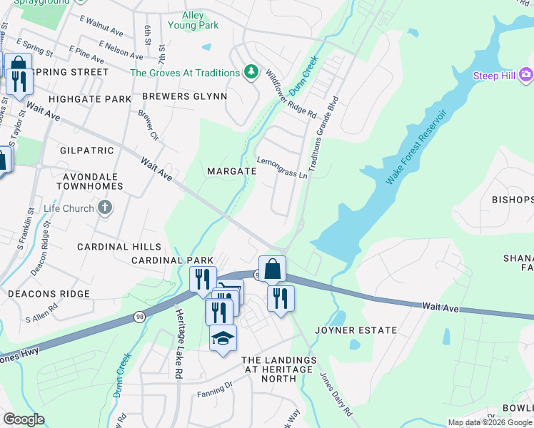 map of restaurants, bars, coffee shops, grocery stores, and more near 216 Traditions Garden Lane in Wake Forest