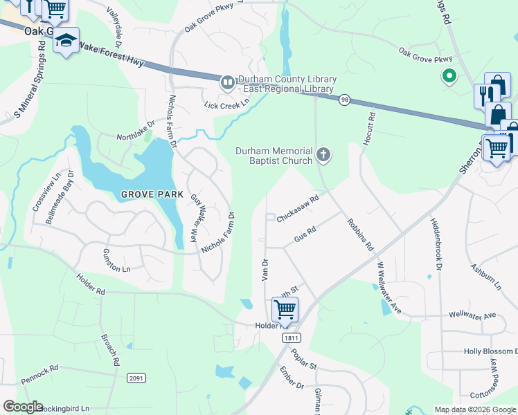 map of restaurants, bars, coffee shops, grocery stores, and more near 511 Van Drive in Durham