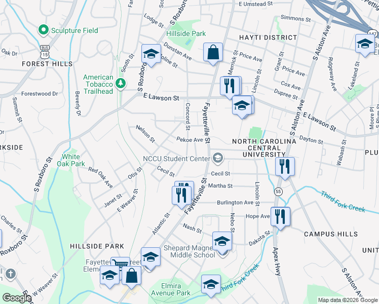 map of restaurants, bars, coffee shops, grocery stores, and more near 2108 Concord Street in Durham