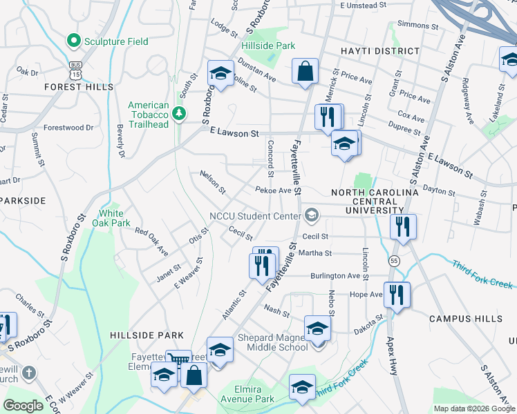 map of restaurants, bars, coffee shops, grocery stores, and more near 2108 Concord Street in Durham