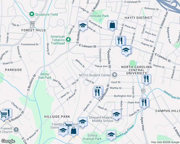 map of restaurants, bars, coffee shops, grocery stores, and more near 207 Nelson Street in Durham