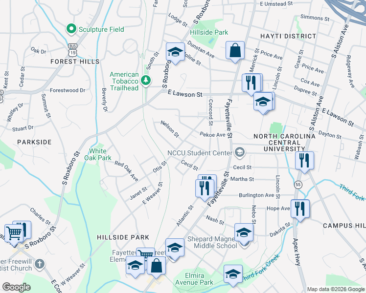 map of restaurants, bars, coffee shops, grocery stores, and more near 207 Nelson Street in Durham