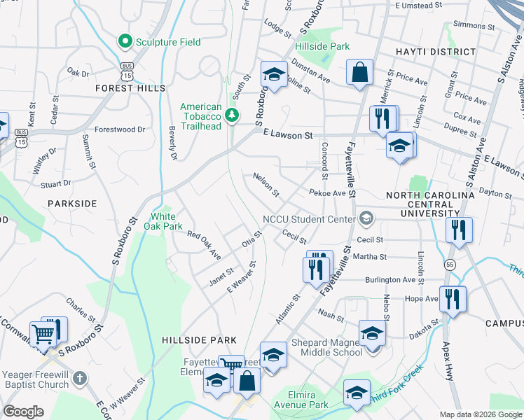 map of restaurants, bars, coffee shops, grocery stores, and more near 1927 Cecil Street in Durham