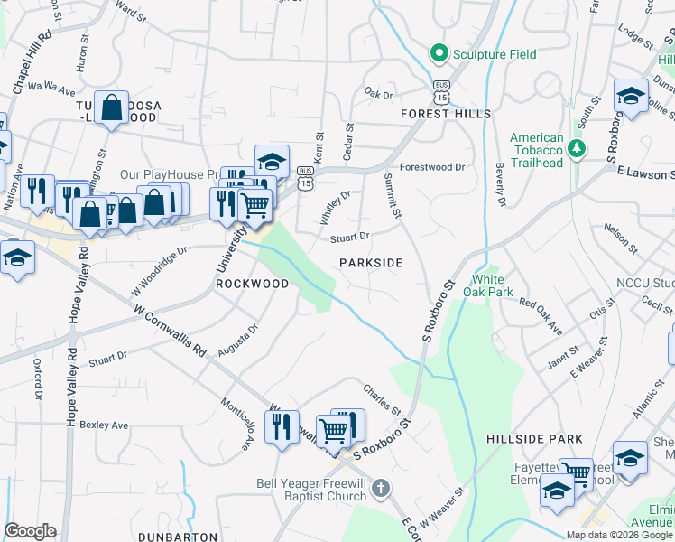 map of restaurants, bars, coffee shops, grocery stores, and more near 5 Medearis Court in Durham