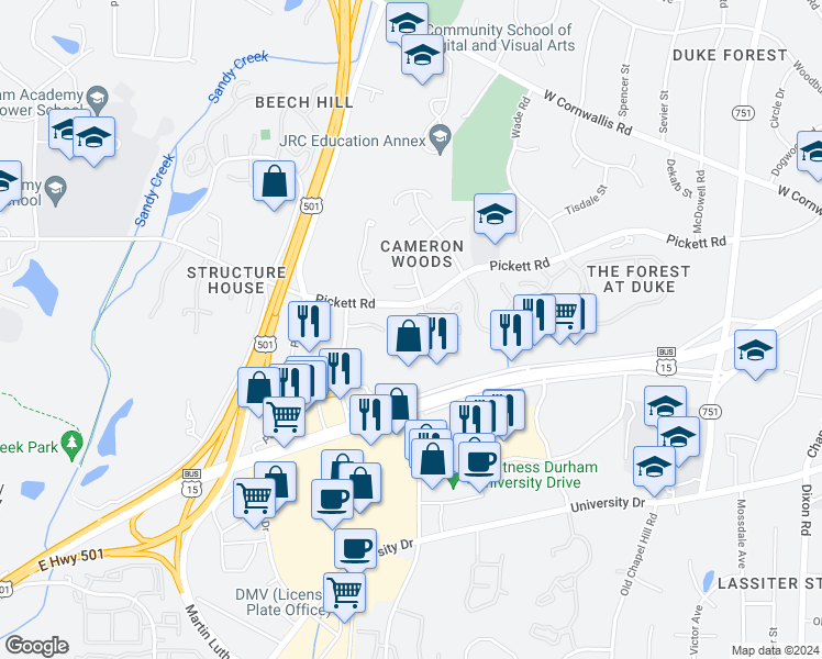 map of restaurants, bars, coffee shops, grocery stores, and more near 434 Morcroft Lane in Durham