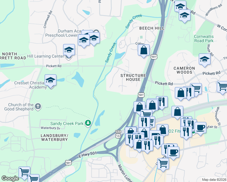 map of restaurants, bars, coffee shops, grocery stores, and more near 3309 Coachman's Way in Durham