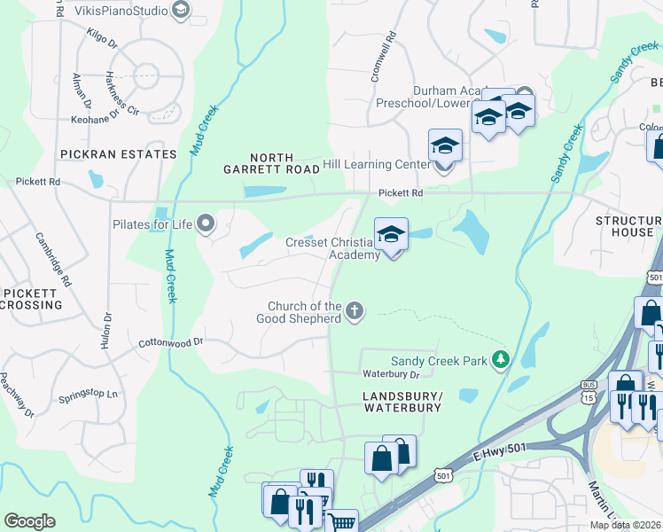 map of restaurants, bars, coffee shops, grocery stores, and more near 3503 Cedarbird Way in Durham