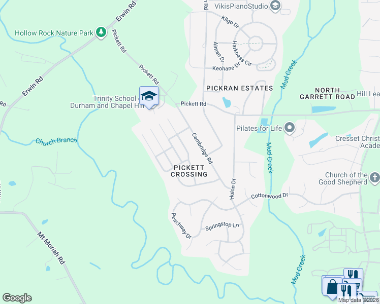 map of restaurants, bars, coffee shops, grocery stores, and more near 4206 Sugar Pine Lane in Durham