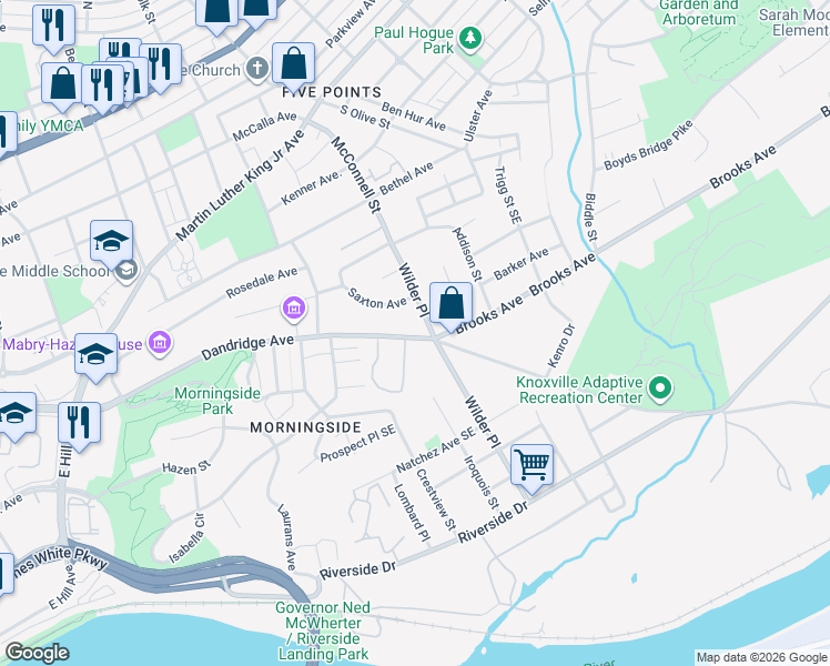 map of restaurants, bars, coffee shops, grocery stores, and more near 1021 Wilder Place in Knoxville