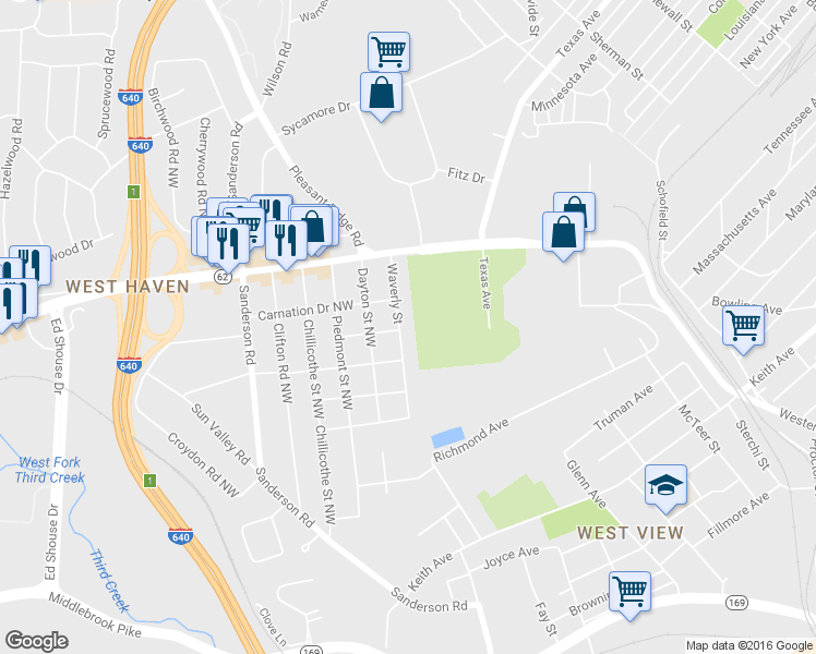 map of restaurants, bars, coffee shops, grocery stores, and more near 2706 Waverly Street in Knoxville
