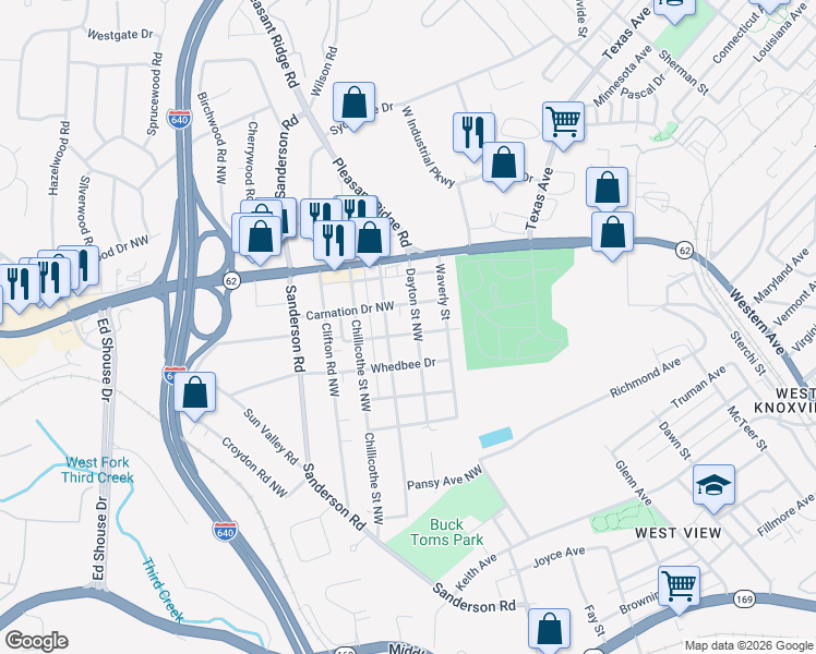 map of restaurants, bars, coffee shops, grocery stores, and more near 2715 Dayton Street Northwest in Knoxville
