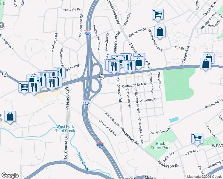 map of restaurants, bars, coffee shops, grocery stores, and more near 3907 Carnation Drive Northwest in Knoxville