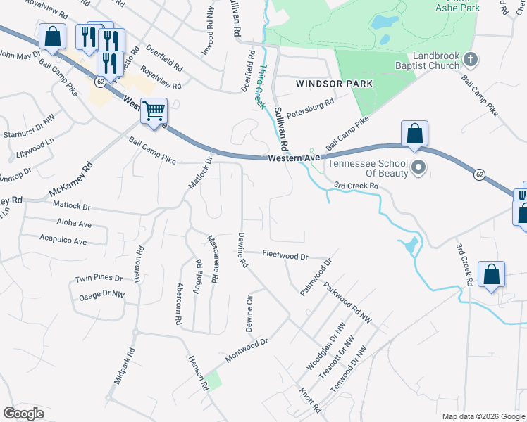 map of restaurants, bars, coffee shops, grocery stores, and more near 3324 Harrison Forest Way in Knoxville