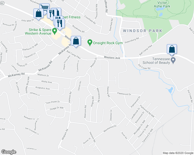 map of restaurants, bars, coffee shops, grocery stores, and more near 4408 Oakbank Lane Northwest in Knoxville