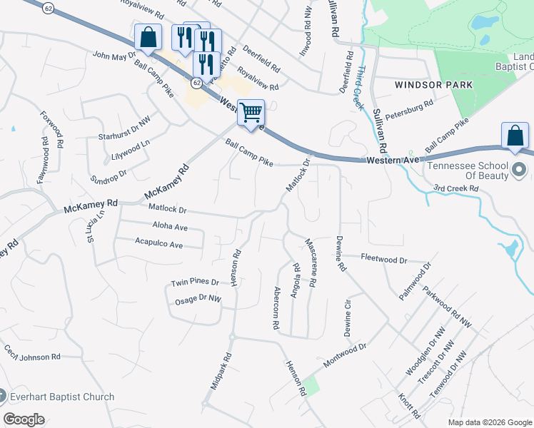 map of restaurants, bars, coffee shops, grocery stores, and more near 5524 Matlock Drive in Knoxville
