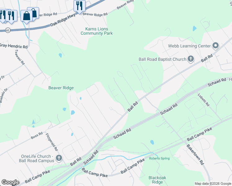 map of restaurants, bars, coffee shops, grocery stores, and more near 6925 Ball Road in Knoxville