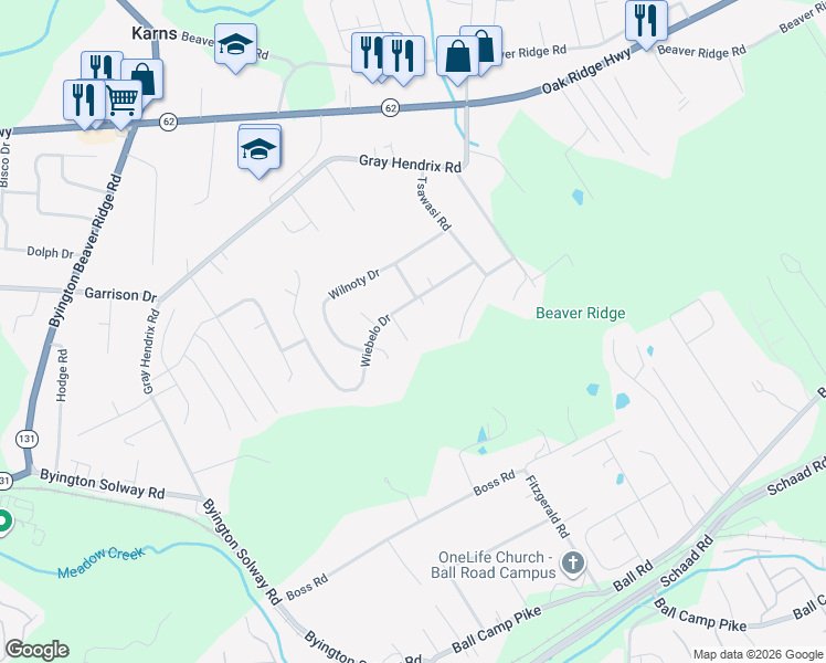 map of restaurants, bars, coffee shops, grocery stores, and more near 7920 Brownvale Road in Knoxville