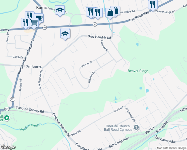 map of restaurants, bars, coffee shops, grocery stores, and more near 2509 Tamerlane Circle in Knoxville