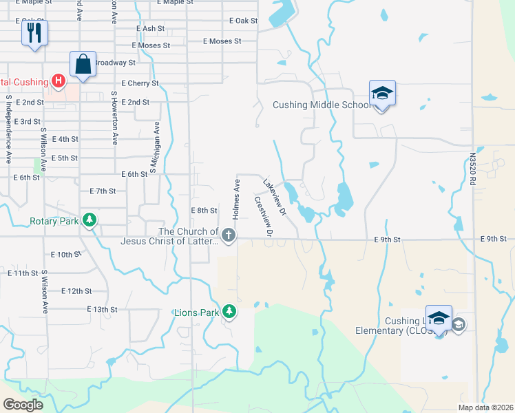 map of restaurants, bars, coffee shops, grocery stores, and more near 803 Crestview Drive in Cushing