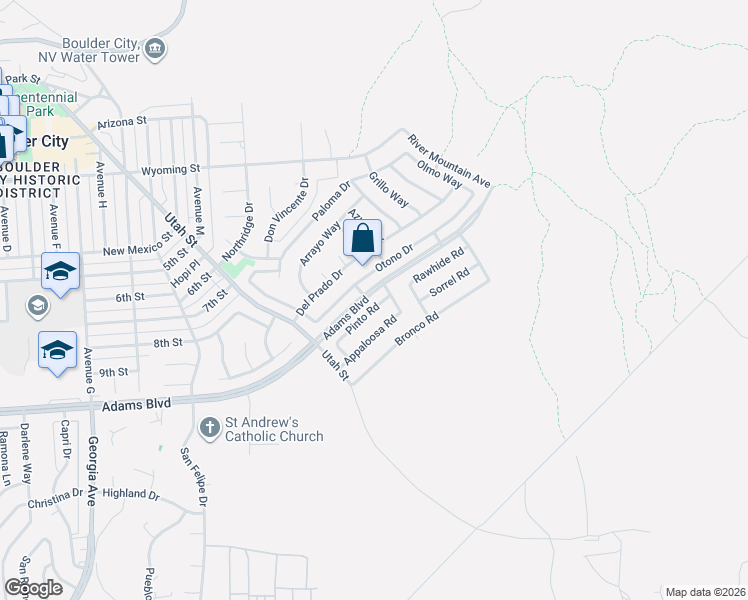 map of restaurants, bars, coffee shops, grocery stores, and more near 1335 Pinto Road in Boulder City