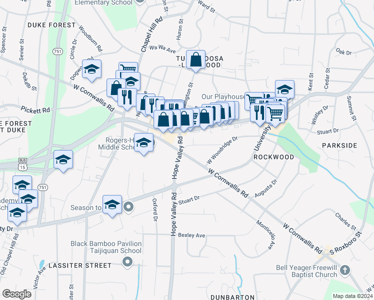 map of restaurants, bars, coffee shops, grocery stores, and more near 231 Pineview Road in Durham