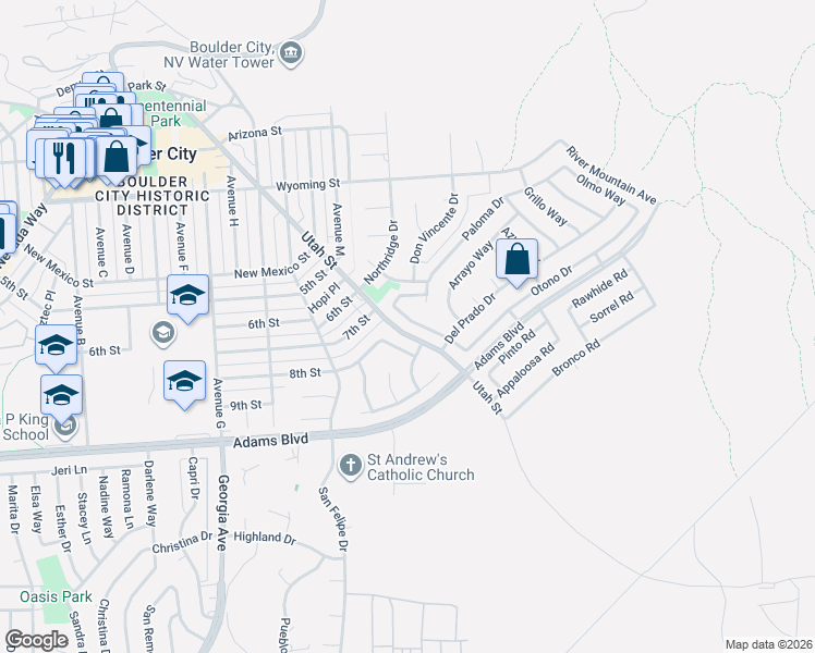 map of restaurants, bars, coffee shops, grocery stores, and more near 1107 Endora Way in Boulder City