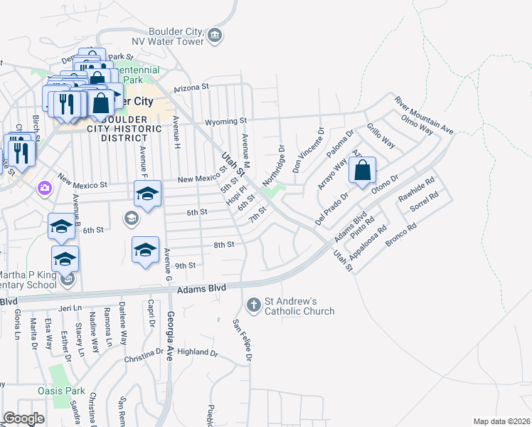 map of restaurants, bars, coffee shops, grocery stores, and more near 516 7th Street in Boulder City