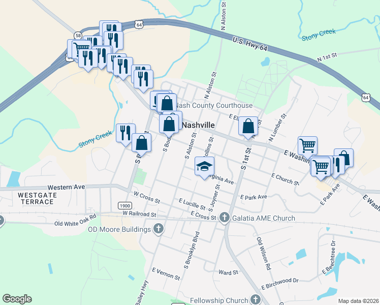 map of restaurants, bars, coffee shops, grocery stores, and more near 106 East Church Street in Nashville