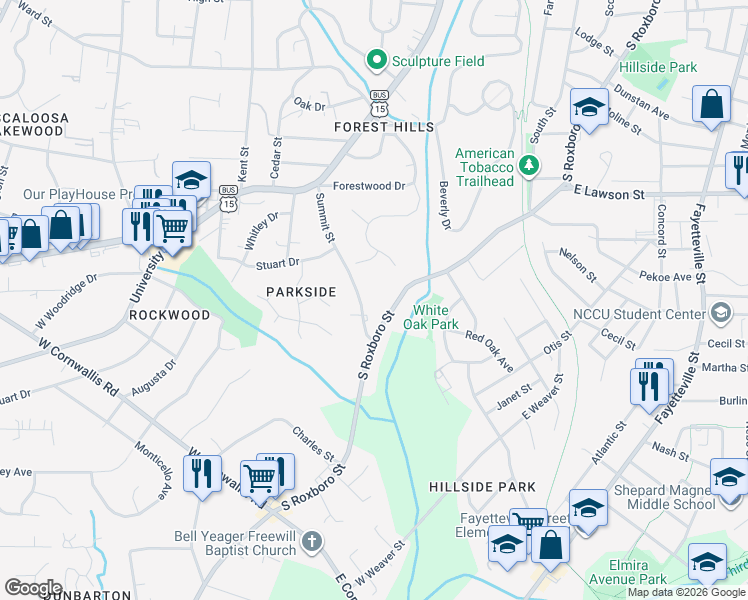 map of restaurants, bars, coffee shops, grocery stores, and more near 2223 Summit Street in Durham