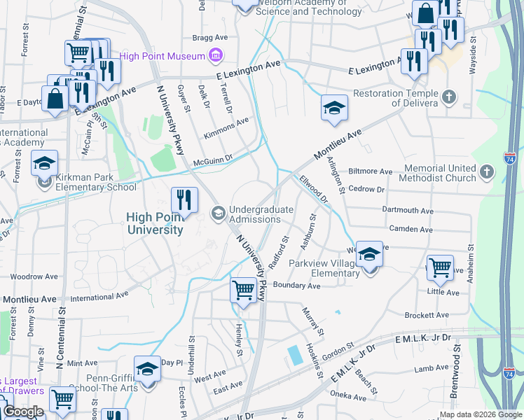 map of restaurants, bars, coffee shops, grocery stores, and more near in High Point