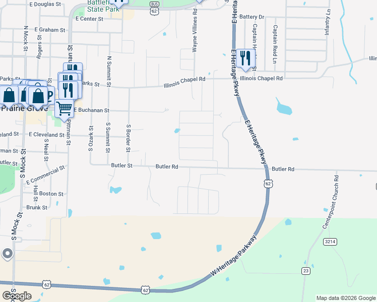 map of restaurants, bars, coffee shops, grocery stores, and more near 801 Butler Road in Prairie Grove