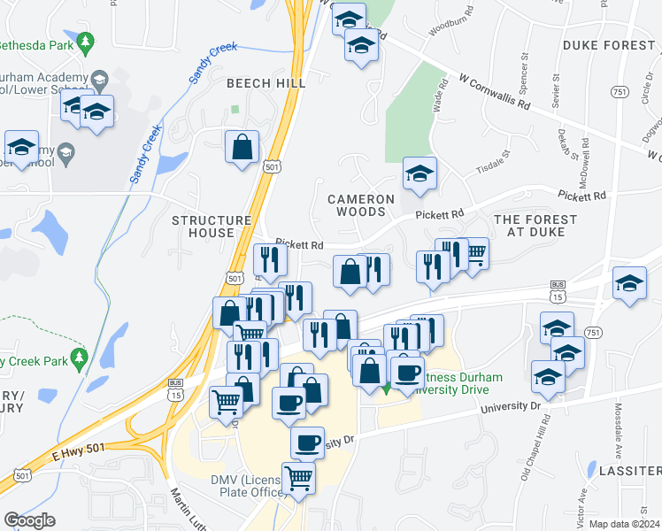 map of restaurants, bars, coffee shops, grocery stores, and more near 35 Morcroft Lane in Durham