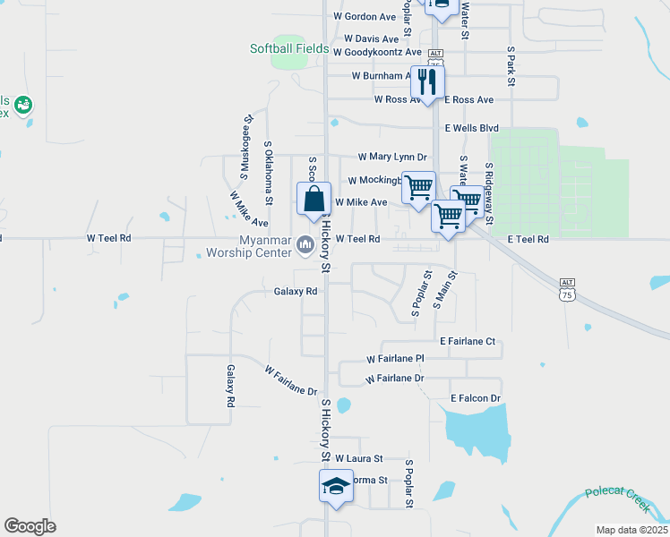 map of restaurants, bars, coffee shops, grocery stores, and more near 2207 South Hickory Street in Sapulpa