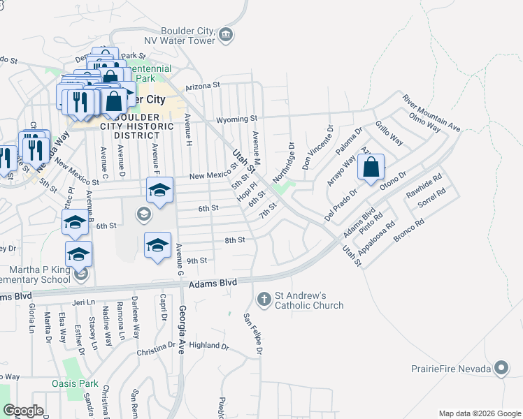 map of restaurants, bars, coffee shops, grocery stores, and more near 532 7th Street in Boulder City