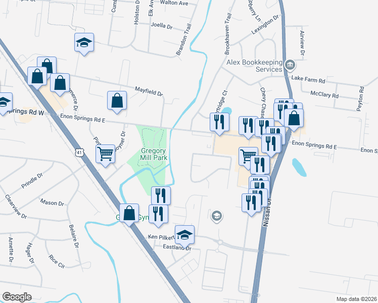 map of restaurants, bars, coffee shops, grocery stores, and more near 708 Williamsburg Drive in Smyrna