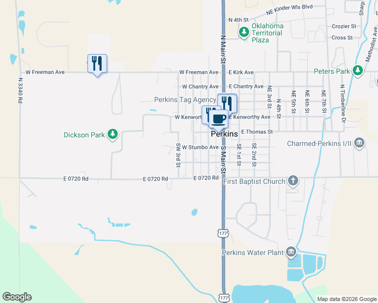 map of restaurants, bars, coffee shops, grocery stores, and more near 201 Southwest 2nd Street in Perkins