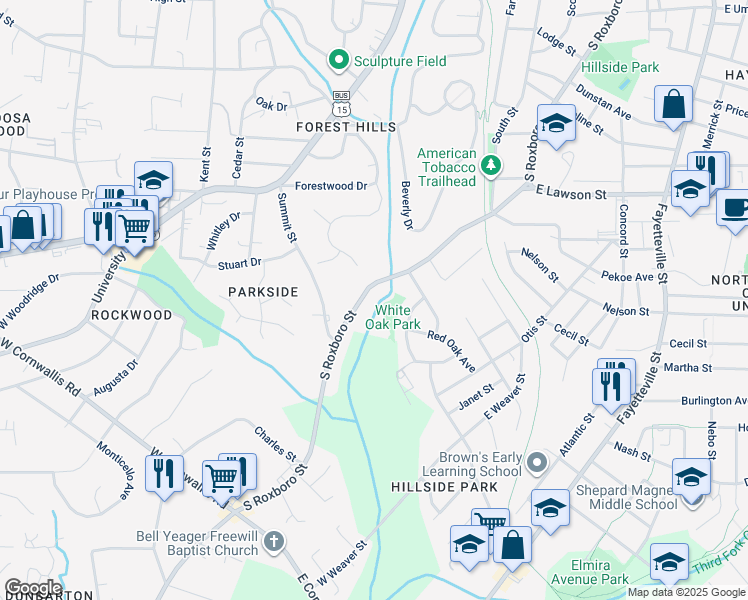 map of restaurants, bars, coffee shops, grocery stores, and more near 2125 South Roxboro Street in Durham