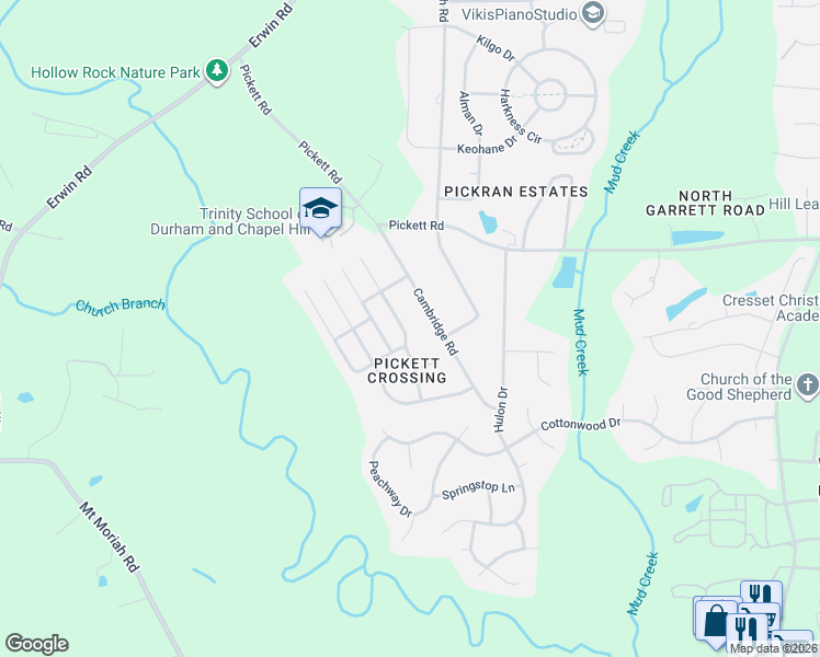 map of restaurants, bars, coffee shops, grocery stores, and more near 4206 Sugar Pine Lane in Durham